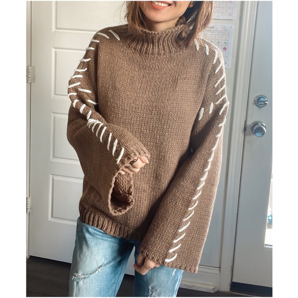 Cozy Mocha Brown Stitched Detail Turtleneck Sweater Top - Picture 9 of 13